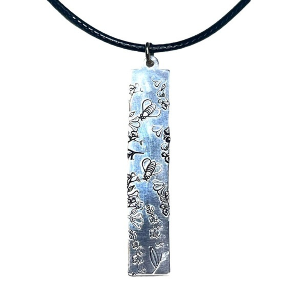Handmade stamped‎ bee & floral silver  
adjustable Black leather cord necklace